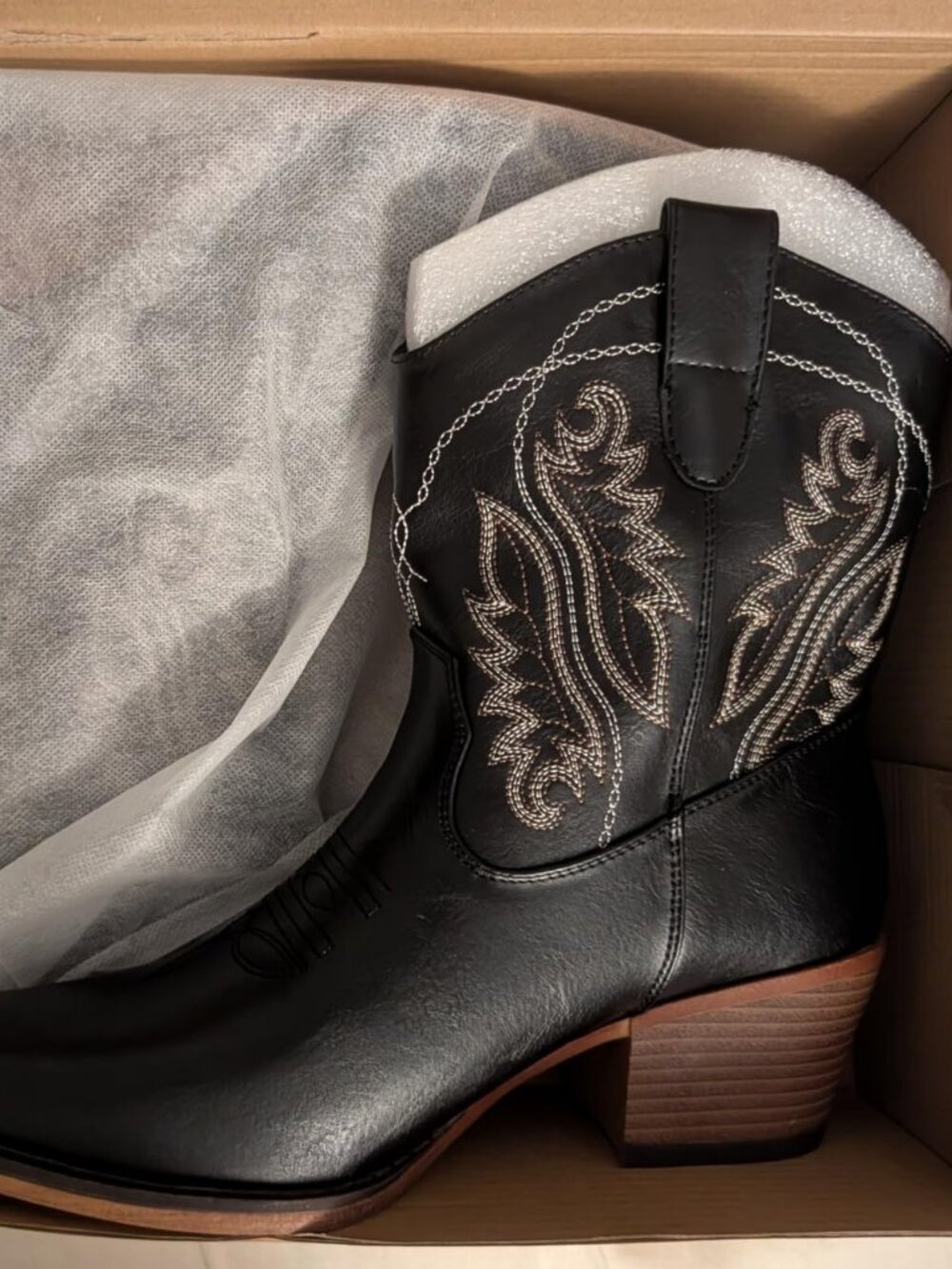 Women's Black Embroidered Mid Calf Chunky Heel Western Cowgirl Ankle Boots